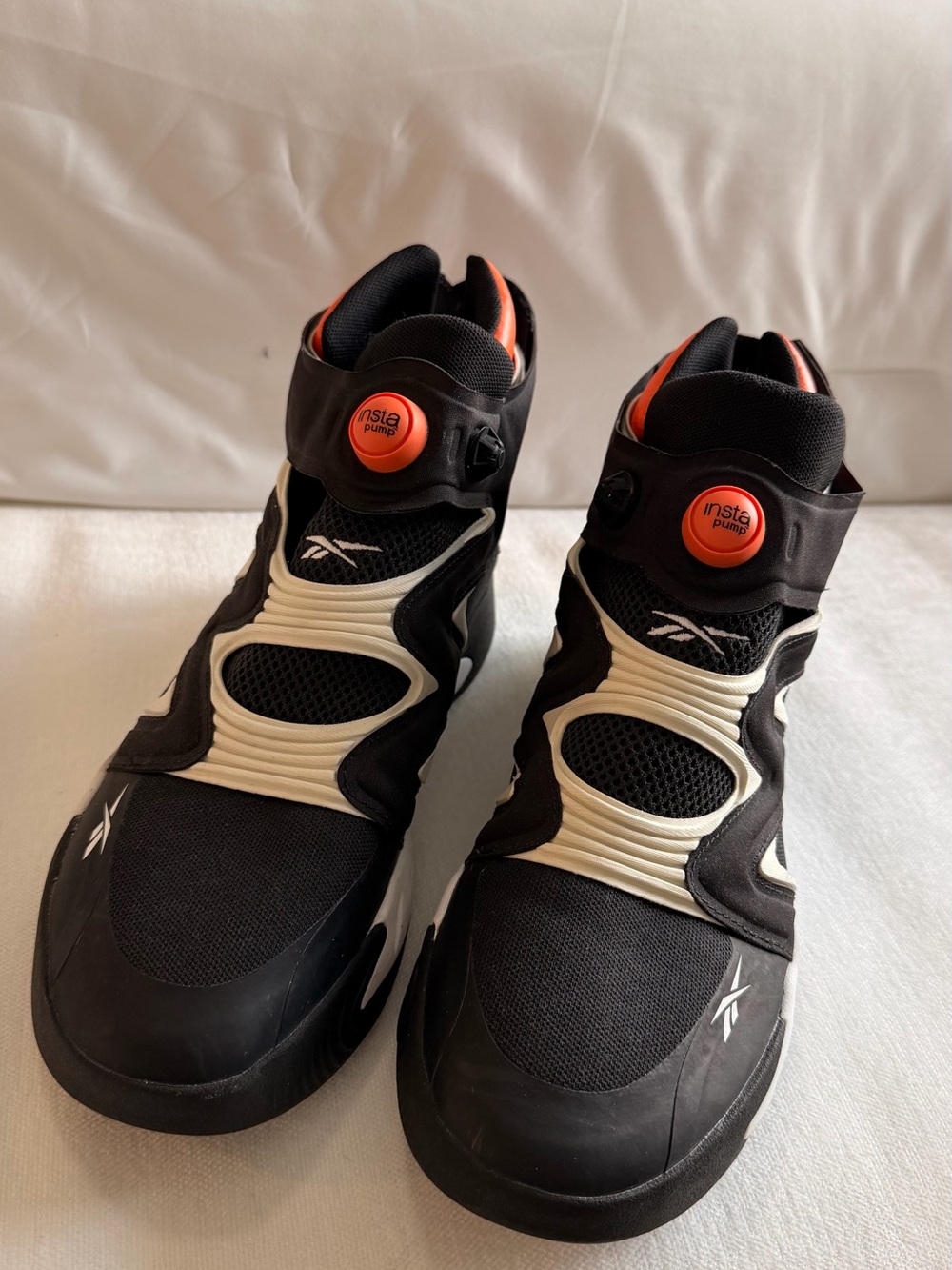 Reebok Men’s Black and Cream Instapump Sneakers with Orange Accents